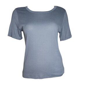 LUCKY BRAND Solid All Blue Ribbed Short Sleeve Pullover Top Womens Size Large